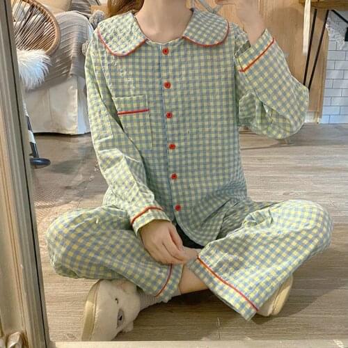 Korean Plaid Girls Pajamas Two Piece Set Cute Autumn Winter Long Sleeve Casual Sleepwear For Women Loose Nightwear Homewear Suit