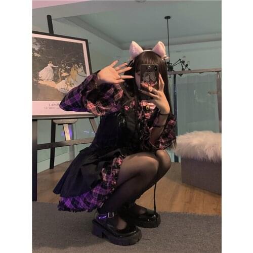 Summer Harajuku Pink Flare Long Sleeve Dress Hot Girl Fashion Temperament Lolita Sweet Kawaii Plaided Dress Suit