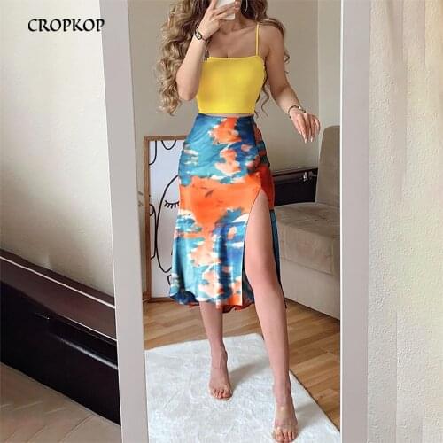 Summer Two Piece Set Women Long Skirt Sexy Strap Crop Top Tie Dye High Waist Slit Skirt Casual Fashion Vacation Outfits 2021