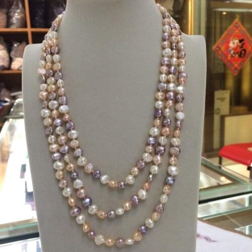 NEW long 60"7-8mm baroque white+Pink+Purple freshwater pearl necklace AAA