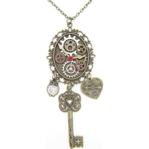 2018 New Original Design Mixed Gears With Heart Clock Owl and Key Charms Vitnage Steampunk Pendant Necklace