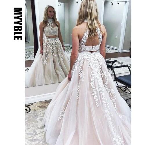 2021 Elegant Wedding Dress A-Line/Princess High Neck Sleeveless Sweep/Brush Train Applique Tulle Two Piece Dresses for Party