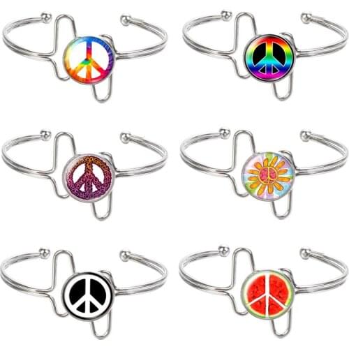 Planted silver color/golden Cuff Bracelets Glass Cabochon Peace Symbol sign Bangle Bracelet For Women jewelry Gift ZB0313/0314
