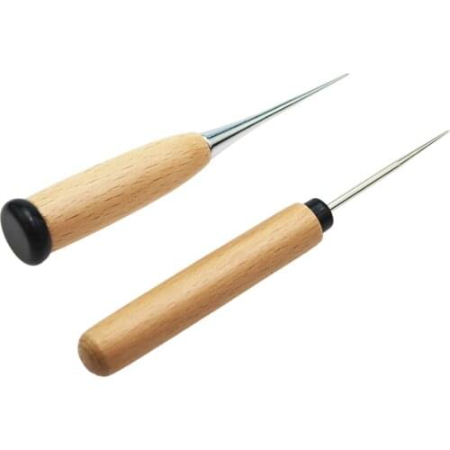 Fityle 2Pcs Wooden Handle Leather Craft Awl Sewing Punching Hole Pin Stitching Tool