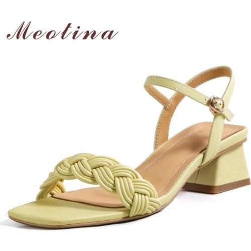 Meotina Sandals Women Shoes Genuine Leather Sandals Med Heel Square Toe Shoes Thick Heel Cow Leather Ladies Footwear Summer 43