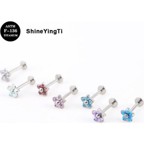 16G ASTM F136 Titanium Internal Thread Flower CZ Opal Labret Stud for Nose Lip Tongue Helix Piercing Body Jewelry