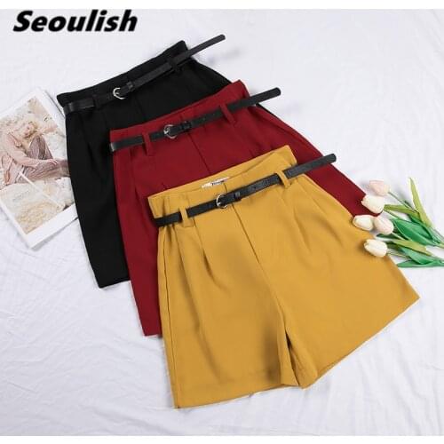 Seoulish 2021 New Summer Womens Shorts with Belted High Waist Workwear Solid Female Elegant Wide Leg Shorts Trouses Lady
