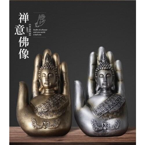 Palm Buddha Statue Resin Handmade Retro Thailand Buddhism Hindu Religion Fengshui Meditation Sculpture Paperweight Home Decor