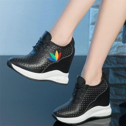 Fashion Sneakers Women Genuine Leather Wedges High Heel Ankle Boots Female Lace Up Round Toe Platform Pumps Shoes Casual Shoes