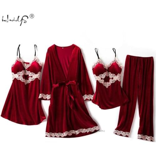 Women Velvet 4 Pieces Warm Winter Pajamas Sets Women Sexy Lace Robe Pajamas Sleepwear Kit Sling Nightwear