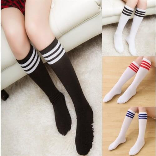 Girls Football Solid Socks Ladies students Knee High 3 Line Striped Cotton Socks New Sale