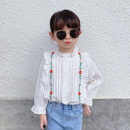 1-7T Flower Girls Lace Shirts Toddler Kid Baby Clothes Long Sleeve Floral White Blouses Elegant Cute Sweet Ruffle Top Streetwear