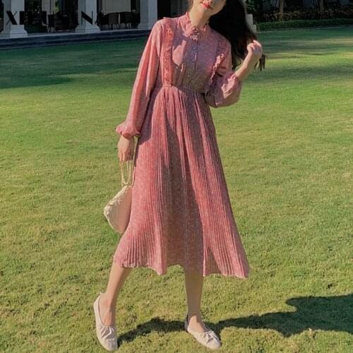 XIBUSANA Retro Printed Ruffle Women Chiffon Dresses 2021 Spring Long Sleeve O-Neck Female Floral Pleated Dresses A-line Vestido