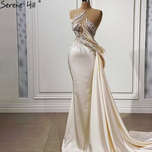Serene Hill Ivory Luxury Beaded Satin Mermaid Evening Dress 2021 Sexy Sleeveless See Through For Women Formal Pary Gown CLA71199