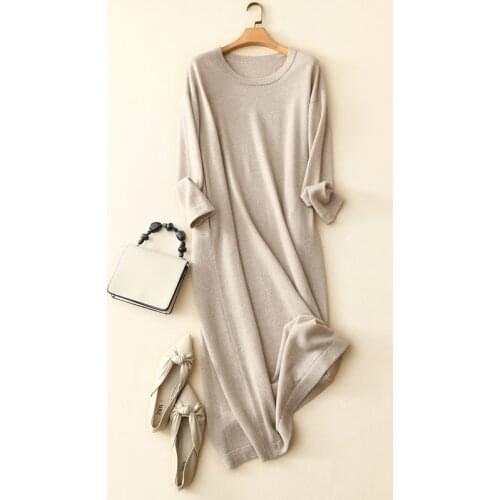 Long womens autumn elegant knit dress o neck high quality superior 100% cashmere sweater dress