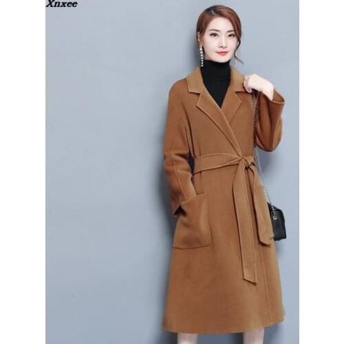Loose warm wool blends long winter coat turn-down collar adjustable belt wool coats women office work wear elegant cashmere outw