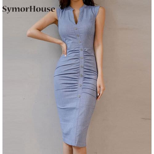 Women Office Work Dress Blue V-neck Buttons Sleeveless Pencil Dress Club Summer 2021 Simple Brief Style Vestidos