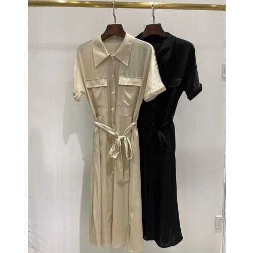 2021 Summer Fashion Silk Dress High Quality Women Turn Down Collar Runway Short Sleeve Belt Midi Casual Vintage Shirt Dress