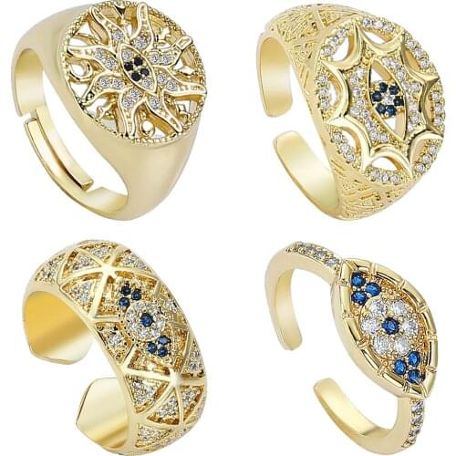 Gold Color Copper Micro Pave Cubic Zirconia Rings For Women Girls Blue Lucky Eye Ring Punk Adjustable Party Rings Gift Jewelry