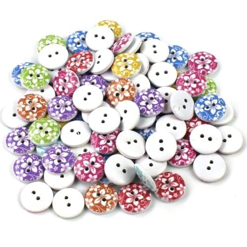 100PCS 15MM Flower Wooden Buttons Mixed Pattern 2-Holes Button Sewing Scrapbooking DIY Accessories