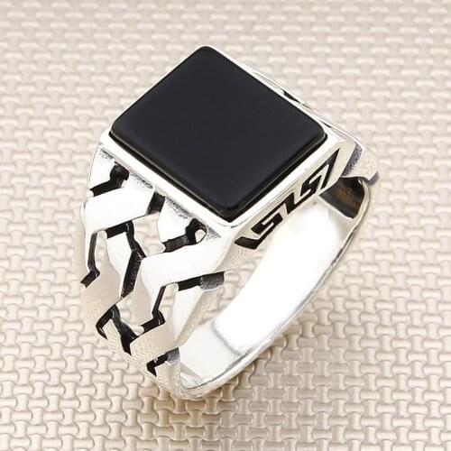 Square Black Onyx Stone Men Silver Ring With Chain Motif Made in Turkey Solid 925 Sterling Silver