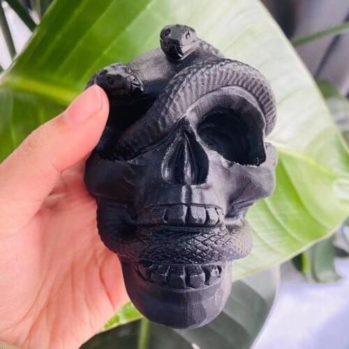 Free Shipping Natural Crystal High Quality Hand Carving Crystal Black Obsidian Snake Skull for geomantic omen and gifts YJL
