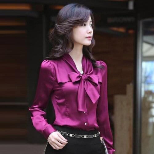 Bow Purple Blouse Women Button Office Lady Long Sleeve Wine Red Chiffon Shirt Autumn Tops Woman Clothes Satin Silk Womens Shirts