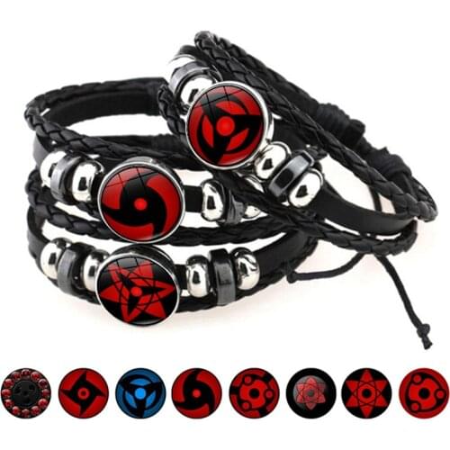 1pc Sharingan Eye Bracelets Fashion Anime Black Braided Leather Bracelet Rinnegan Eyes Glass Jewelry Cosplay Vintage Men Bangle