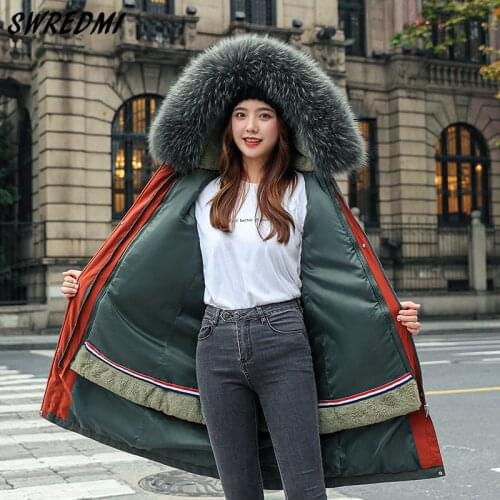 SWREDMI Fur Lining Long Coats Women 2021 Thick Warm Winter Jacket Female Snow Wear Plus Size 4XL Hooded Ladies Parkas Clothing