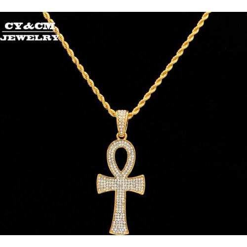 Egyptian Ankh Key of Life Gold Silver Color Cross Pendant Necklace Chain Bling Rhinestone Crystal Rope Cuban Chain Punk Jewelry