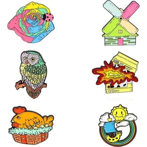 Cartoons Rooster And Owl Enamel Badges Lapel Pins Windmill Rainbow Fashion Anime Brooches For Women Decorative Hijab Pin Jewelry