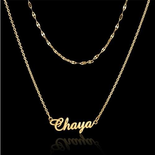 Customized Fashion Stainless Steel Two Layers Name Necklace Personalized Letter Gold Choker Necklace Pendant Nameplate Gift