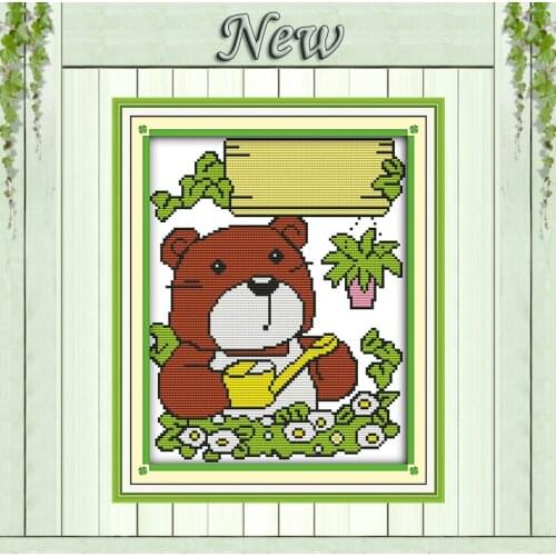 Little bear watering the flowers diy painting counted print on canvas DMC 14CT 11CT Cross Stitch Needlework Sets Embroidery kits