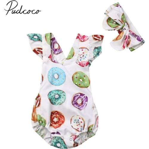 2019 Baby Summer Clothing Cute Newborn Infant Kid Baby Girl Donuts Fly Sleeve Bodysuits Colorful Jumpsuit Headband 2Pcs Outfits