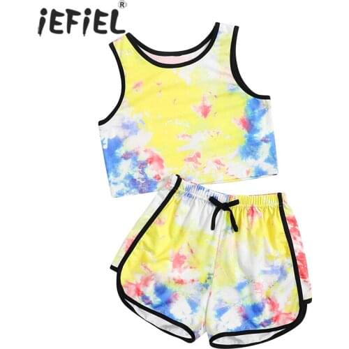 Kids Clothes Set Summer Colorful Tie Dye Printed Sports Tanks Top Ballet Dance Gym Workout Vest with Bottoms Shorts Girl Clothes