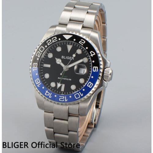 Bliger 43mm Black Dila Sapphire Glass Ceramic bezel Luminous GMT Function Automatic Movement Mens Watch Men Wristwatch B39