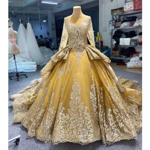New Sparkly Wedding Dresses 2021 Long Sleeves Princess Wedding Gowns Luxury Brides Dresses Gold Lace Shiny Wedding Dresses