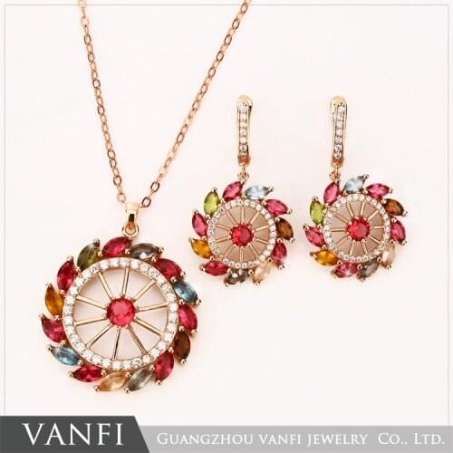 New Style Colorful AAA Zircon Circular Shape Earring And Necklace Gold Plate Fine Jewelry Sets Multicolor Crystal Gfit For Women