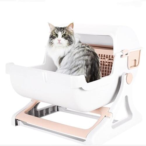 Cat Litter Box Semi-Automatic Quick Cleaning Luxury Cat Toilet Tray Semi Automatic Cat Toilet Loo Tray Flip Cover Cat Bedpans