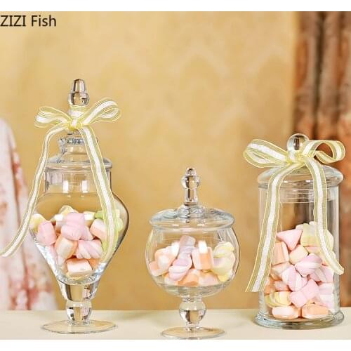 European Style Transparent Glass Candy Jar with Glass Cover Wedding Dessert Display Stand Home Candy Storage Tank