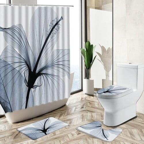 Transparent Floral Shower Curtain Flower Blooming Print Modern European Art Home Decor Bath Mat Toilet Cover Bathroom Carpet Set