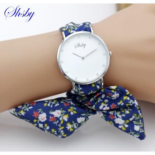 Shsby brand Lady flower cloth wristwatch rhinestone silver women dress watch high quality fabric watch sweet girl Bracelet watch