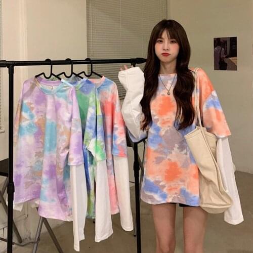 Tie-Dye Panelled Loose Streetwear Sweatshirts Women Autumn Wide Waist Fake Two-Piece Sweatshirts Pullovers oversized sweatshirt