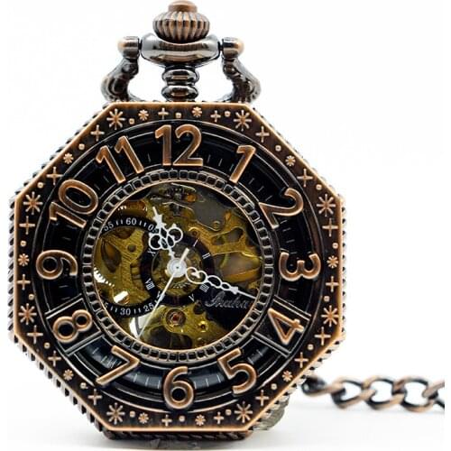 High Quality Antique Octagon Numbers Hand-Winding Skeleton Mechanical Pocket Watch Necklace Gift PJX1269