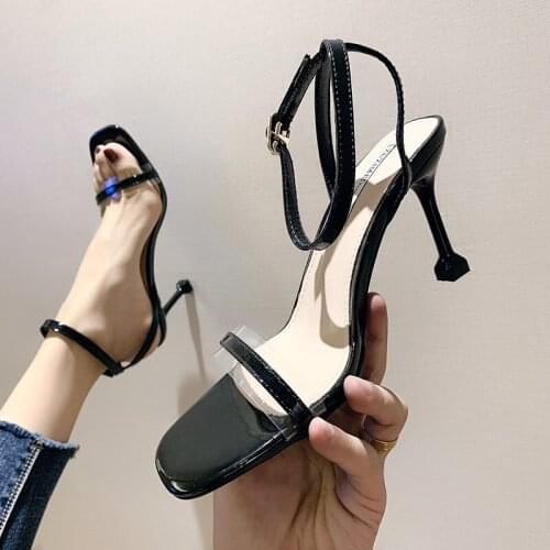 Women sandals PU Buckle Strap 5CM 8CM Thin Heels High heels Square Toe Shallow women shoes sandalias mujer 2020 size 35-42 black