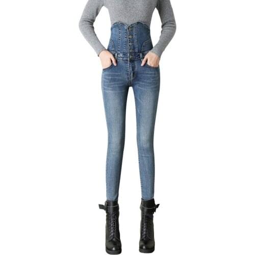 Free Shipping 2019 new womens jeans autumn high waist jeans waist slimming abdomen womens breasted jeans pencil pants