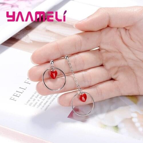 Woman Asymmetry Long Pendant Round Earrings 925 Sterling Silver Red Heart Femme Best Birthday Gifts