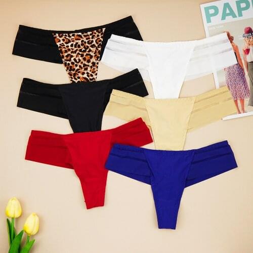 Women Underwear Sexy Lace Panties Ice Silk Leopard Thong Seamless Splicing Transparent Femme Underpants Soft Hollow Thongs Cute