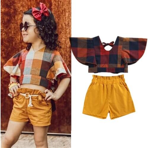 1-6Years Fashion Toddler Kids Girls Summer Clothes Plaid Flare Sleeve Crop Tops+High Waist Shorts Casual Beachwear Outfits