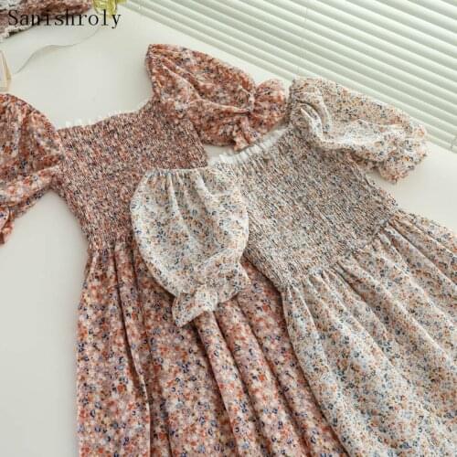 2021 Women Lace Patchwork Floral Print Dress Elegant Square Collar Puff Sleeve Long Chiffon Dress Lady Folds A Line Beach Dress